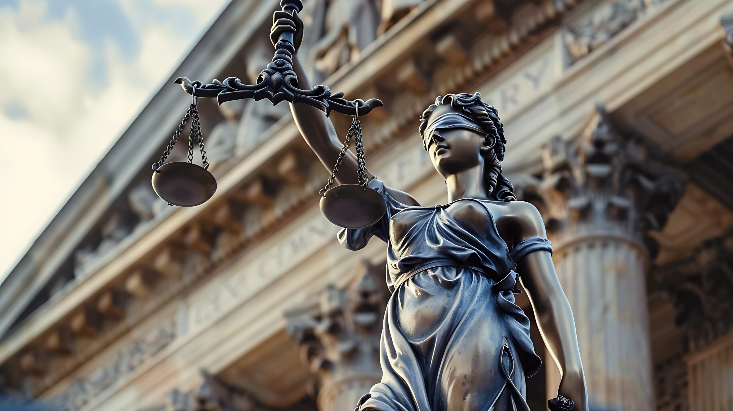 Lady Justice statue holding scales and a sword in front of a courthouse.