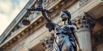 Lady Justice statue holding scales and a sword in front of a courthouse.